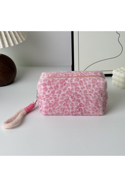 Choice Pink Plush Leopard Print Large-Capacity Cosmetic Bag, Portable Travel ...