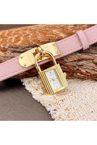 Choice pink Leather Watch for Woman: Edgy Padlock Dial Soft Strap Bold Person...