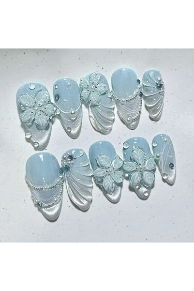 Choice Z1384 24Pcs Blue Gradient Almond Fake Nails Butterfly Mid-length Artif...