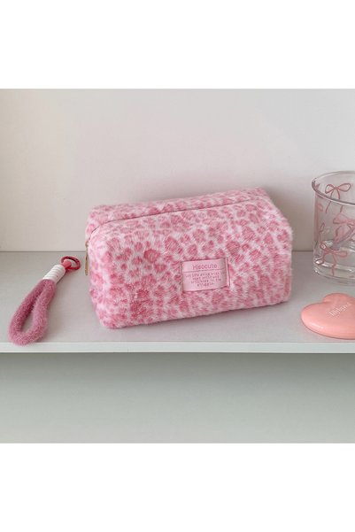 Choice 1Pc Girls' Leopard Print Plush Portable Makeup Bag, Student Clutch Bag...