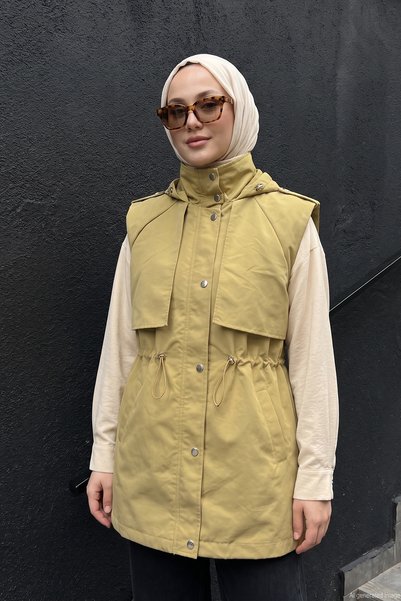Lale Butik Dünne Damenweste mit geraffter Taille 2249 Hellkhaki