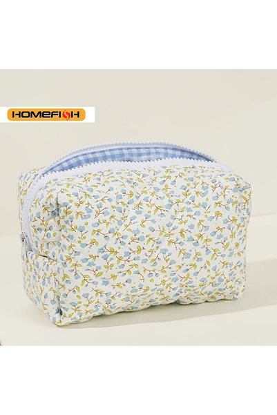 Choice Blue Floral Puffy Quilted Makeup Bag Large Capacity Travel Cosmetic Po...