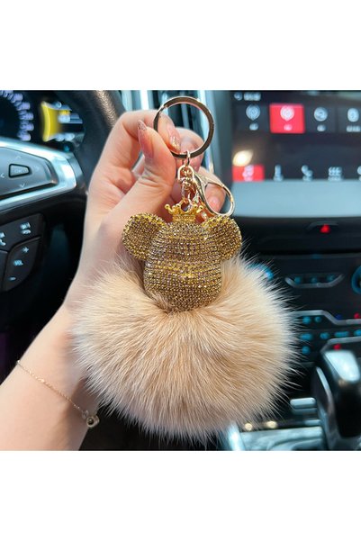 Choice Gold Creative Diamond-Encrusted Bear Keychain, Fur, Fox Fur, Car Key C...