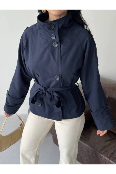 SUXİRCNHTMTS Women's Short Trench Coat with Mock Neck, Belted Design, and But...