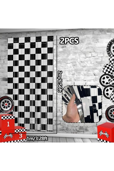 Choice 6.56ft 8171Black White 2 Pack Race Car Foil Fringe Curtains, 3.28x6.56...