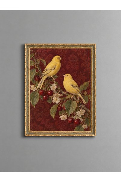 ZURİ DESİGN Dal Üstünde Kuş Vintage Altın Çerçeve Görünümlü MDF Tablo – Desen...