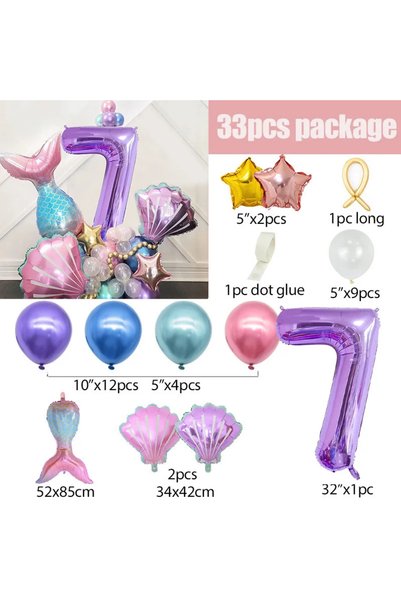 Choice Other 7 33PCS Mermaid Shell Number Balloon Set Mermaid Theme Foil Ball...