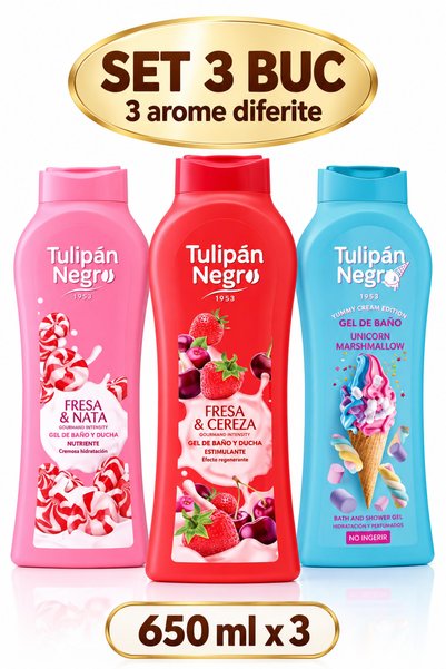 Tulipan Negro Set 3 x Gel de Duș, Arome Diferite, 3 x 650 ml, Căpșuni cu Friș...