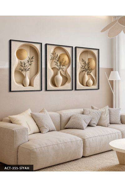 Evinemoda Gold Circle and Plant in Vase 3 Piece Wooden Framed Painting Act