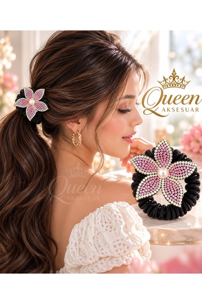 QUEEN AKSESUAR Roze kristalni kamen hologram cvet biser crna gumena šnala za ...