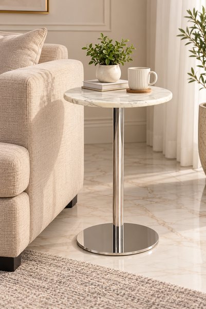N.zone طاولة جانبية دائرية بتصميم عصري وأنيق، سطح رخامي أبيض مع قاعدة معدنية ...