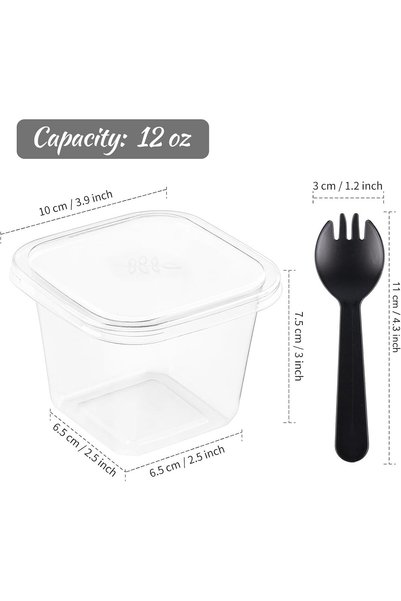 Regium 50-Pack 12 oz Disposable Plastic Square Dessert Cups with Lids & Spork...