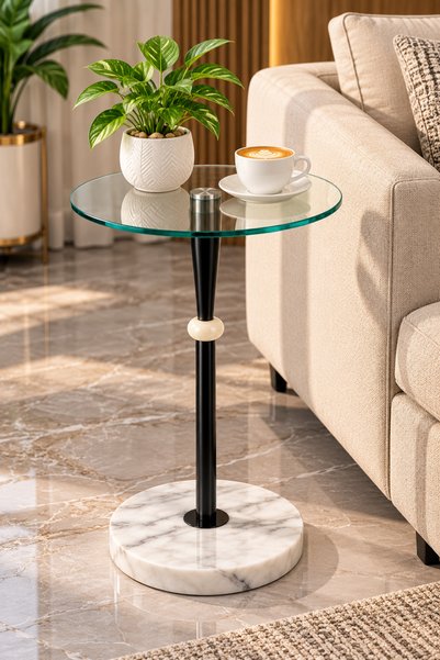 N.zone Luxury Round Side Table with Transparent Glass Top, Marble Base and Mo...