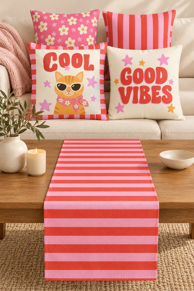 Nari Collections طقم أغطية وسائد وغطاء مفرش منقوش بتصميم "Cool Kedi" و"Good V...