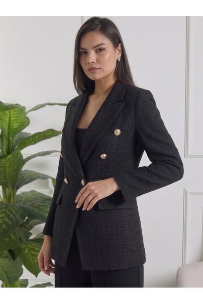 ceyniye Black Tweed Blazer with Button Details and Lined Construction