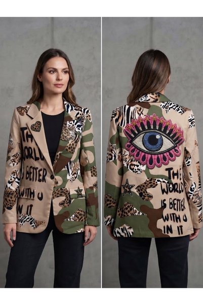 AYASOFYA OTANTIK Women's Italian striped pattern blazer, satin jacket