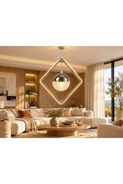 TEKZEN Pendul decorativ cu ramă geometrică cromată și glob cu efect de cristal