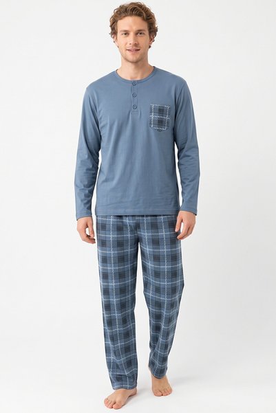 hadiora Men's Collared Buttoned Combed Cotton Pajama Set
