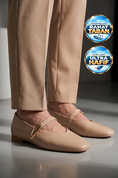 AYAKMOD Women's Ballet Flats 312654 Beige Leather