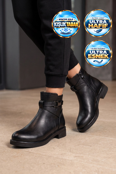 AYAKMOD Women's Zip-Up Boots 354250 Black Leather