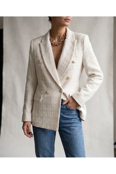 ceyniye Long Beige Loren Tweed Coat with Gold Button Details