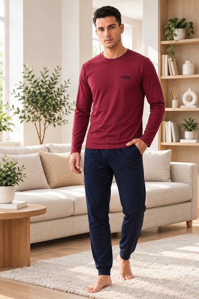 Quatarze REALMOOD Men's Burgundy and Navy Blue 100% Cotton Long-Sleeve Pajama...