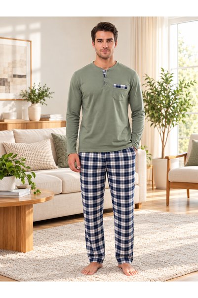 Quatarze REALMOOD Men's 100% Cotton Khaki Green Top and Navy Blue Plaid Botto...