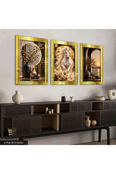 Evinemoda Tablou din plexiglas cu oglindă, 3 piese, cu motiv „Gold Bitki” și ...