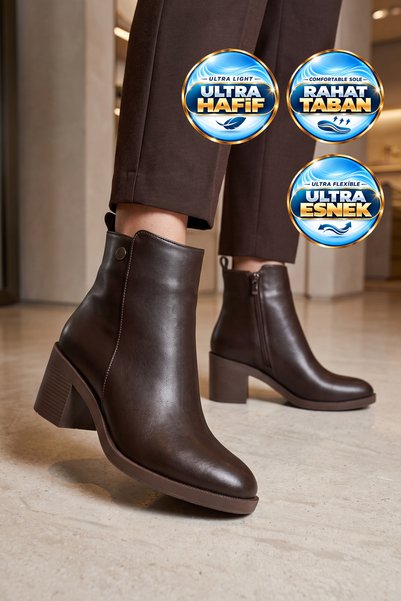 AYAKMOD Women's Thick Heel Zip-Up Boots 224574 Brown-Leather