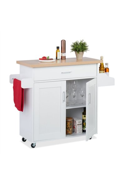 Relaxdays Kitchen Cart with Worktop, White/Light Brown/Silver, 90x39.5x114.5 cm