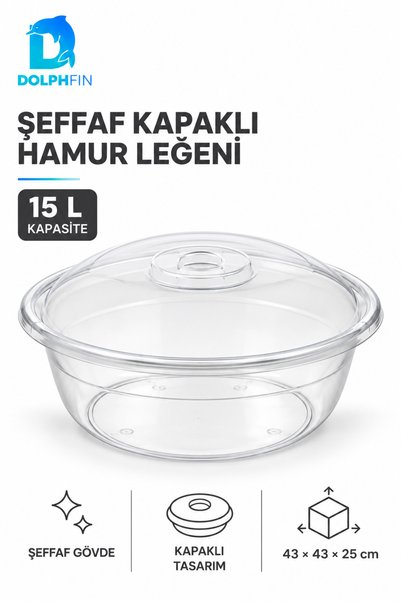 DolphFin 15-Liter Plastic Dough Bowl with Transparent Lid—Kneading and Kitche...