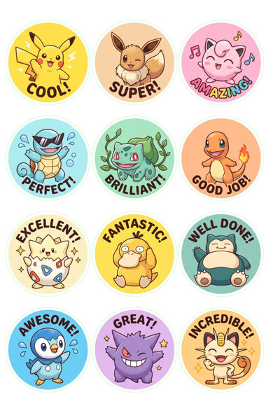 85 Adet Pokemon temalı Öğretmen Ödül Etiketleri | Motivasyon & Başarı Sticker – A4 Premium