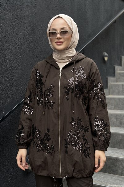 Lale Butik Jachetă pentru femei cu broderie cu paiete, fermoar frontal, glugă...