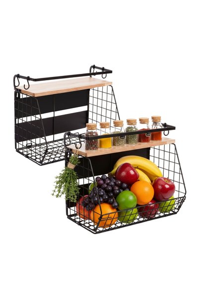 Relaxdays Magnetic Fruit Basket, Wall Shelf, 2 Pieces, Light Brown/Black, 30x...