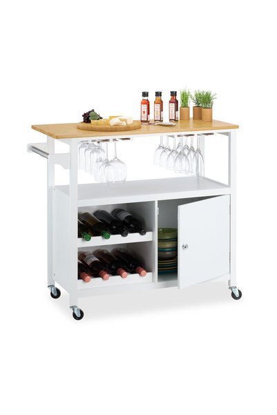 Relaxdays Kitchen cart with wine rack, white/light brown, 83x40x92 cm