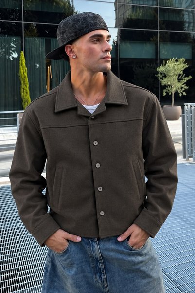 DAMGA JEANS Men's Melton Shirt Collar Button-Up Jacket with Pockets for Every...