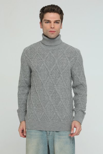 Trist Star Gray Men's 80% Wool, 20% Acrylic Turtleneck Sweater with Diamond P...