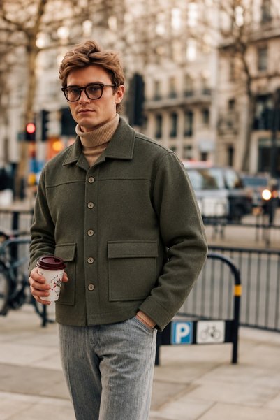DAMGA JEANS Men's Button-Front Melton Casual Khaki Jacket