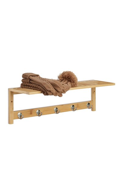 Relaxdays Wall Shelf with Hook Bar, 5 Hooks, Light Brown/Silver