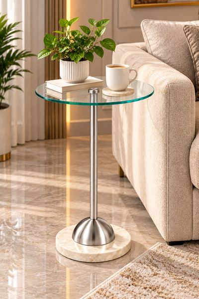 N.zone Modern Round Side Table with Clear Glass Top and Elegant Marble Base, ...