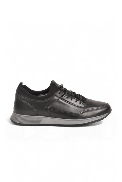 AYAKMOD Men's Black Genuine Leather Casual Shoes with Elastic Laces 42158