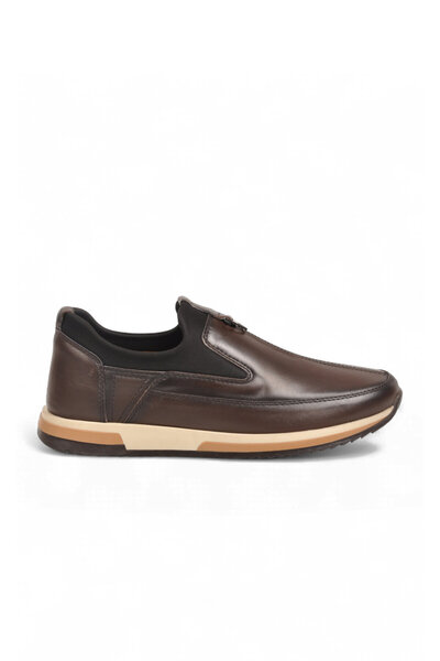 AYAKMOD Men's Coffee Genuine Leather Casual Shoes with Side Elastic Bands 42170