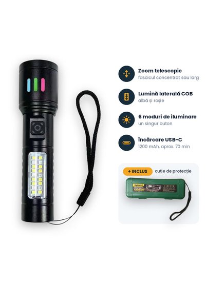 DigikalaX USB-C rechargeable LED flashlight, 10W, telescopic zoom, COB side l...