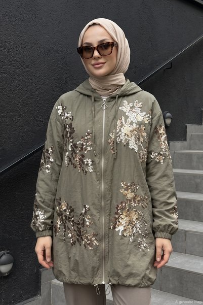 Lale Butik Women's Sequin-Embellished, Front Zippered, Lined Jacket with Hood...