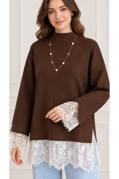 Sfg Life Moda Women's Knitted Tunic-Sweater with a Mock Neck, Lace Details on...