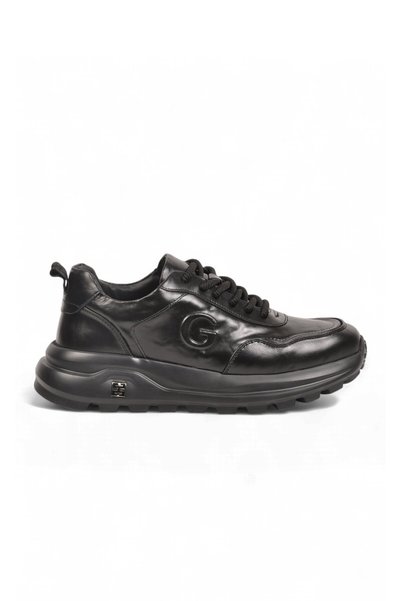 Guja Men's Lace-Up Thick Sole Sneaker, Black Genuine Leather Casual Shoes 26K565