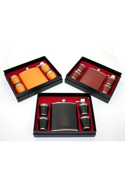 Lovesta Home Leathered 4 Shot Glass Flask Set