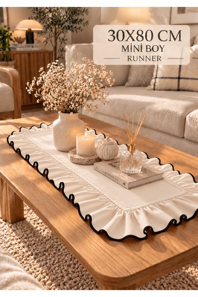 SADEN HOME BEIGE-CREAM Table Runner WITH FRINGE, BLACK-EDGED, DECORATIVE, 30X...