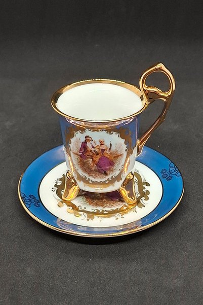Generic Brand FH-Marked Fragonard-Themed Gold-Gilded Porcelain Cup with Stand...