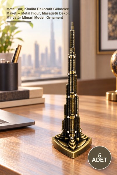 Yenilig 5 Adet Metal Burj Khalifa Dekoratif Gökdelen Maketi – Metal Figür, Masaüstü Dekor, Minyatür Mimari Model, Ornament